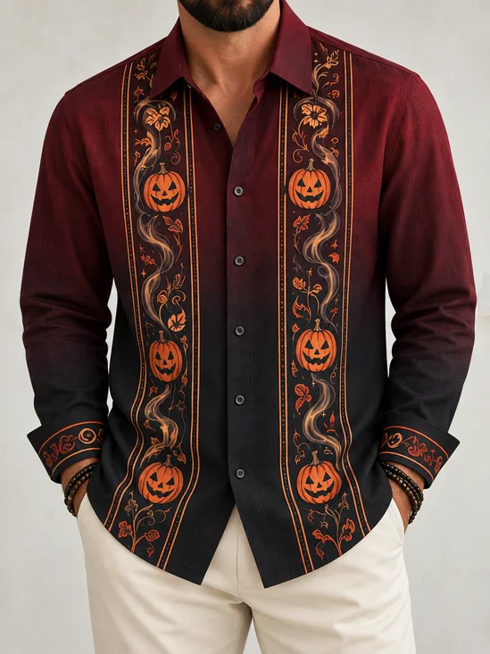 Moisture-Wicking Halloween Pumpkin & Plant Print Long-Sleeve Casual  Guayabera Shirt