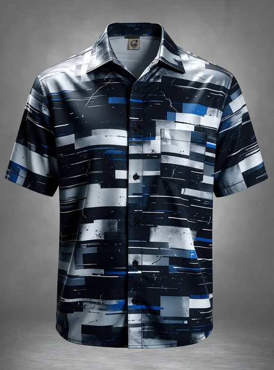 Moisture-Wicking Abstract Geometric Block Distressed Striped Chest Pocket Casual Hawaiian Shirt