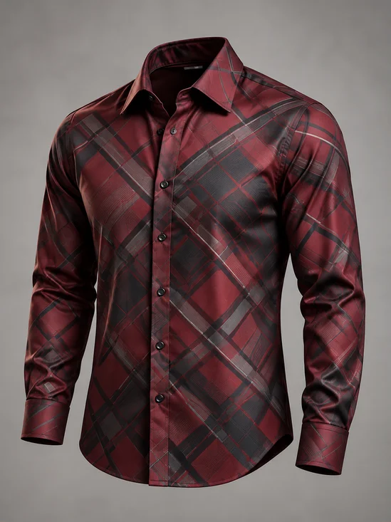Moisture-Wicking Abstract Geometric Grid and Line Pattern Long-Sleeve Casual Shirt