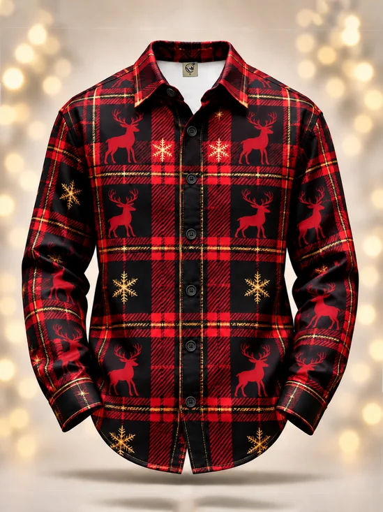 Moisture-Wicking  Christmas Plaid Reindeer Snowflake Casual Long-Sleeve Shirt
