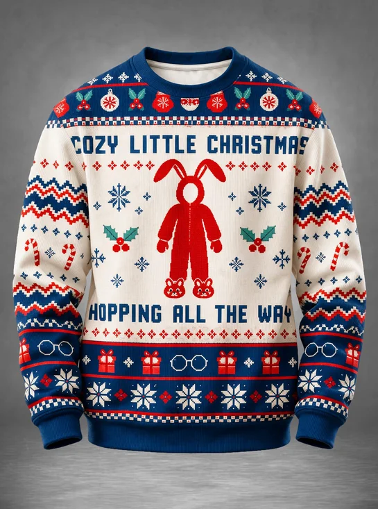 Christmas Fair Isle Style Bunny Pajama Snowflake Holly Candy Cane Gift Box Christmas Bauble Slogan Sweatshirt