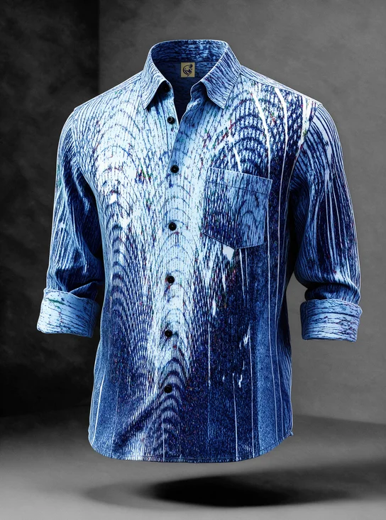 Moisture-Wicking Washed Tie Dye Style Ripple Texture Gradient Chest Pocket Casual Hawaiian Long-Sleeve Shirt