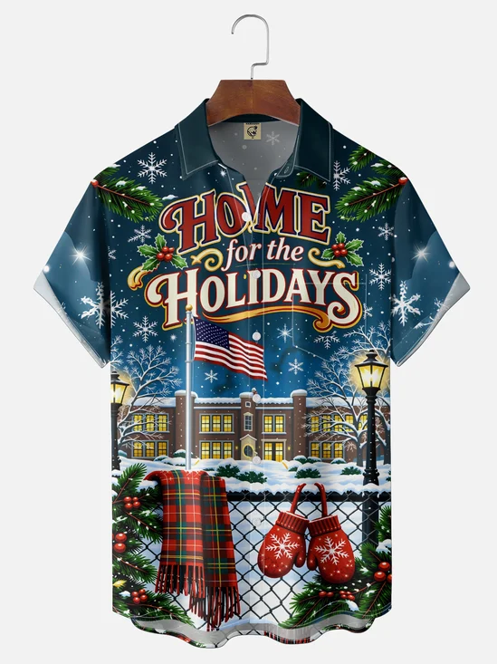Moisture-Wicking "Home for the Holidays"  Chest Pocket Hawaiian Shirt