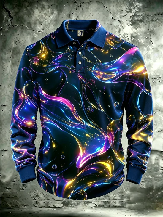 Moisture-Wicking 3D Abstract Geometric Long-Sleeve Hawaiian Golf Polo