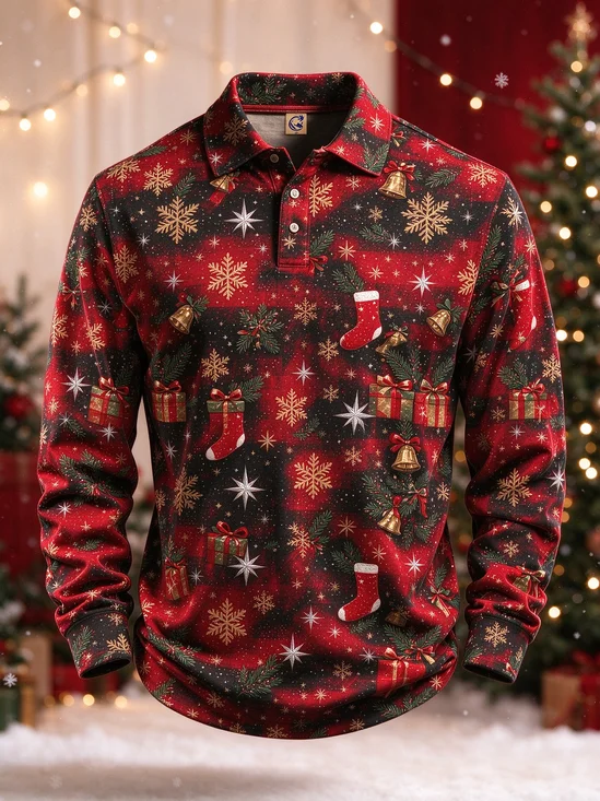 Moisture-Wicking Gradient Christmas-Themed Featuring Christmas Stockings Snowflakes  Bells Long-Sleeve Hawaiian Golf Polo