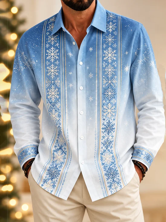Linen-Texture  Christmas Stripe and Snowflake Print Long-Sleeve Guayabera Shirt