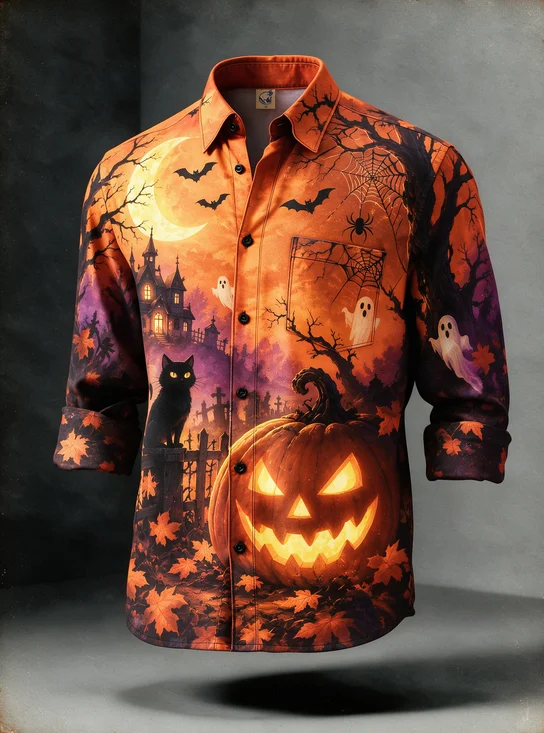 Moisture-Wicking Halloween Vintage Oil Painting Style Pumpkin Black Cat Ghost Haunted Castle Moon Spider Web Maple Leaf Chest Pocket Holiday Hawaiian Long-Sleeve Shirt