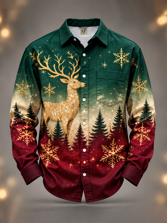 Moisture-Wicking  Christmas Lights Reindeer Christmas Tree Snowflake Print  Chest Pocket Casual Long-Sleeve Shirt