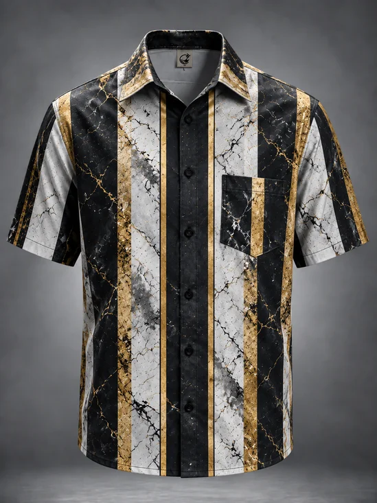 Moisture-Wicking Marble Cracked Vertical Striped Chest Pocket Casual Hawaiian Shirt