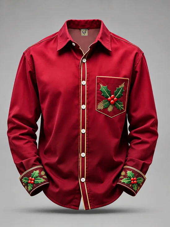Moisture-Wicking  Christmas Tree & Red Berry Chest Pocket Long-Sleeve Casual Shirt