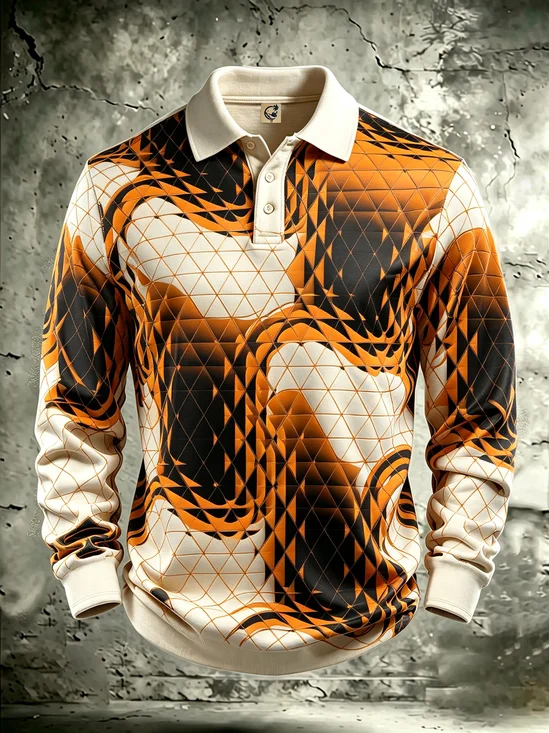 Moisture-Wicking  3D Abstract Geometric Color-Block Design Long-Sleeve Hawaiian Golf Polo