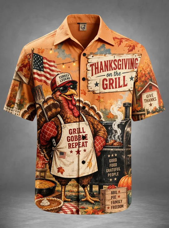 Moisture-Wicking Thanksgiving Funny Grill Turkey Chef BBQ Chest Pocket Holiday Hawaiian Shirt