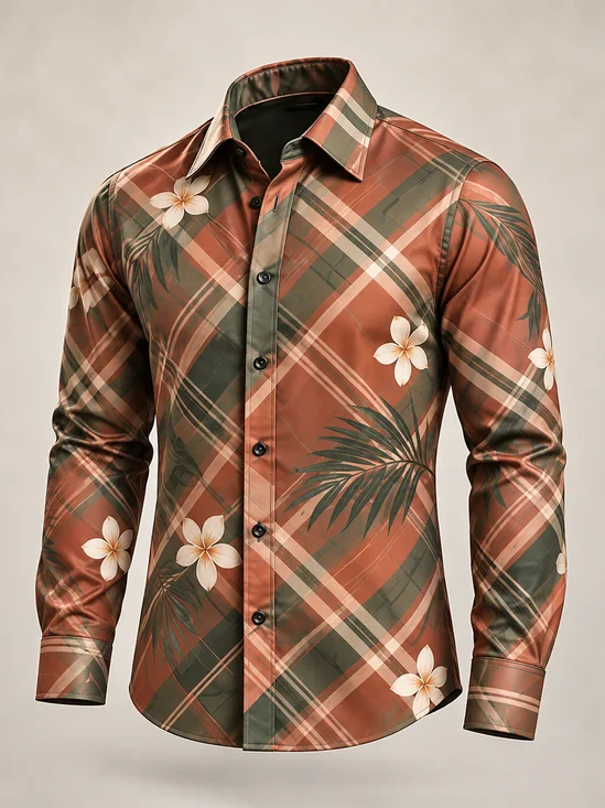 Moisture-Wicking  Geometric Plaid and Botanical Floral Print Long-Sleeve Casual Shirt