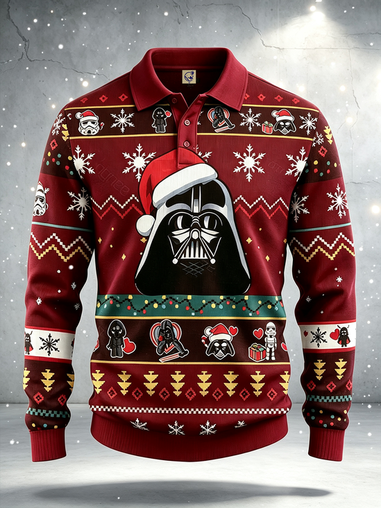 Moisture-Wicking Gradient Christmas-Themed Featuring Robot In Santa Hat Snowflakes Christmas Tree Long-Sleeve Hawaiian Golf Polo