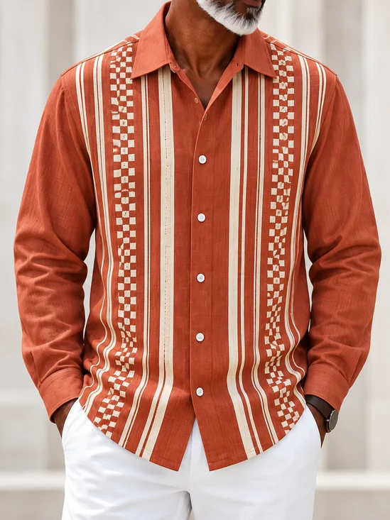 Linen-Texture Abstract Geometric Stripe Long-Sleeve Casual Shirt