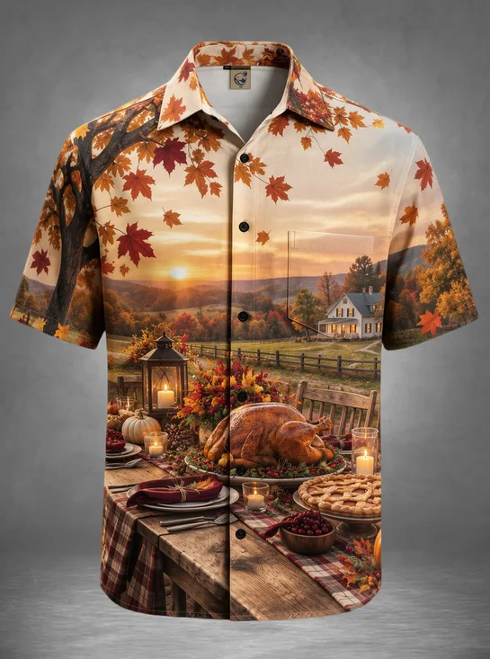 Moisture-Wicking Thanksgiving Autumn Farm Sunset Turkey Dinner Chest Pocket Holiday Hawaiian Shirt