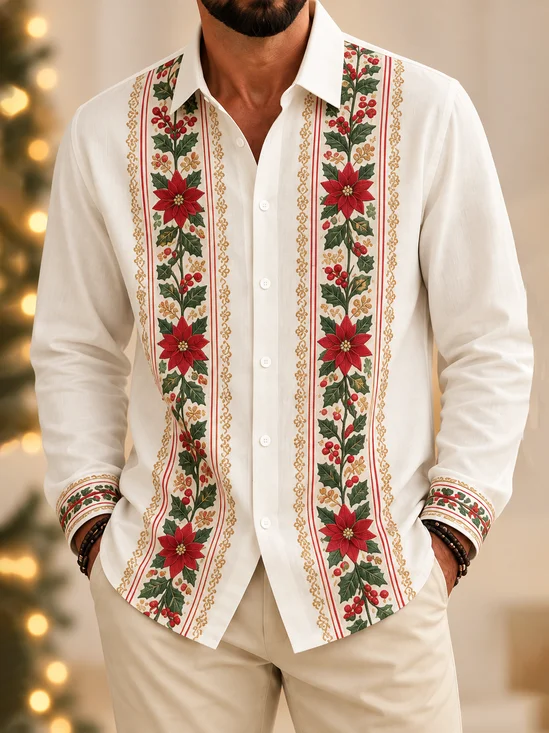 Linen-Texture Christmas Themed  Stripes Botanical Prints Red Berries Long-Sleeve Casual Guayabera Shirt
