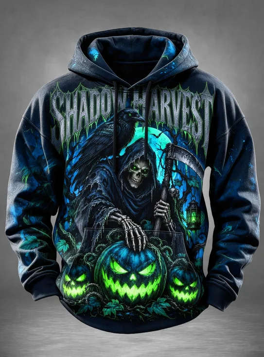 Halloween Dark Horror Style Grim Reaper Scythe Crow Pumpkin Lantern Slogan Kangaroo-Pocket Hoodie Sweatshirt