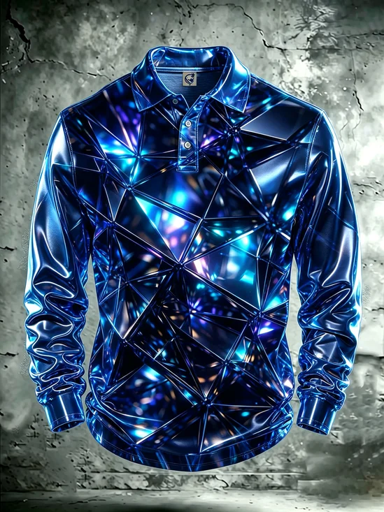 Moisture-Wicking  3D Abstract Geometric Crack Pattern Long-Sleeve Hawaiian Golf Polo