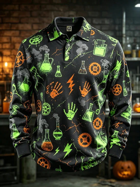 Moisture-Wicking Skull Hand & Lab Beaker Design Long-Sleeve Hawaiian Golf Polo