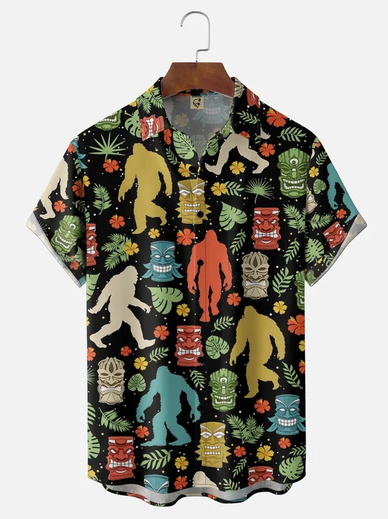 Moisture-Wicking Tropical Plant & Leaf Bigfoot Tiki Chest Pocket Hawaiian Shirt