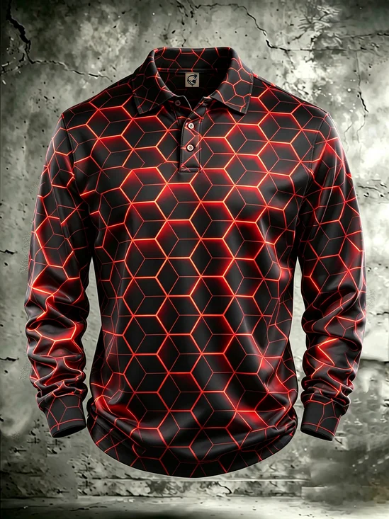 Moisture-Wicking  Gradient 3D Abstract Mechanical Geometric Color-Block Design Long-Sleeve Hawaiian Golf Polo