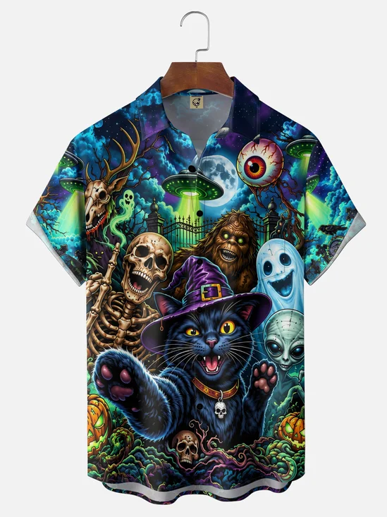Moisture-Wicking Halloween Featuring Bigfoot Black Cat in Halloween Hat Skeleton  Ghost  Chest Pocket  Hawaiian Shirt