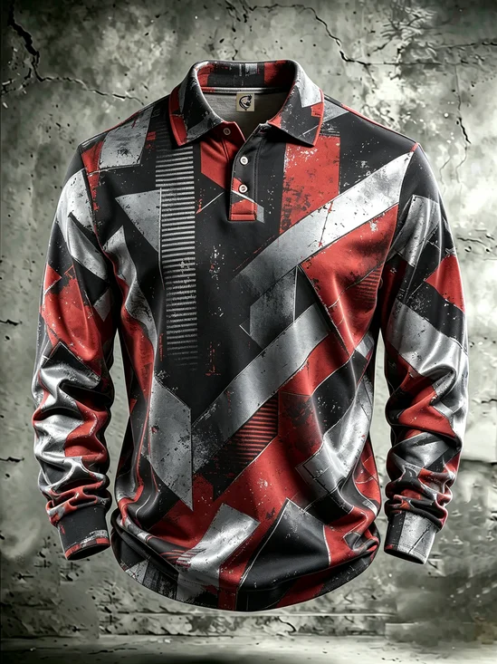 Moisture-Wicking Gradient 3D Abstract Geometric Color-Block Long-Sleeve Hawaiian Golf Polo