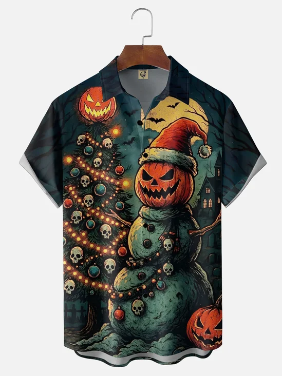 Moisture-Wicking  Halloween Santa Hat Snowman  Skull Christmas Tree Prints  Chest Pocket Hawaiian Shirt