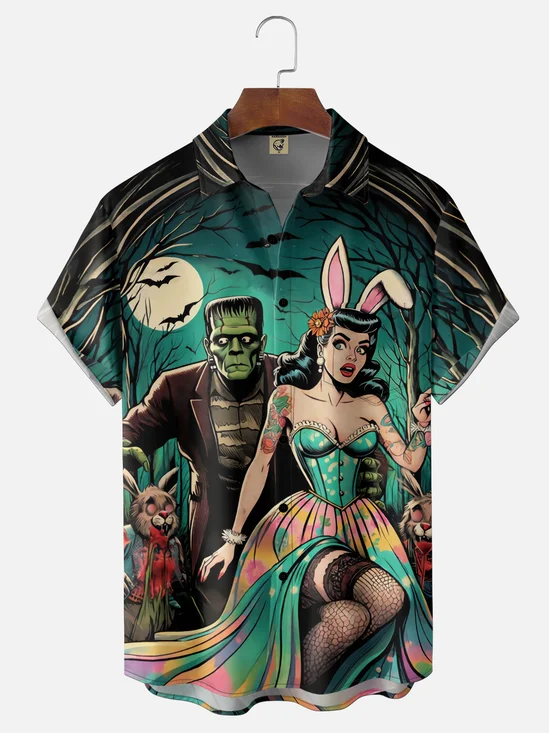 Moisture-Wicking Halloween Bunny Girl Zombie Bat Print  Chest Pocket Hawaiian Shirt