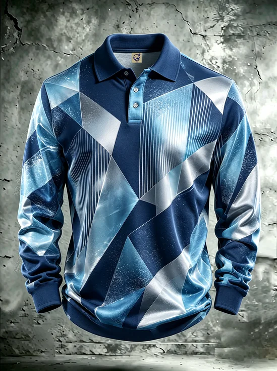 Moisture-Wicking 3D Abstract Geometric Color-Block Design  Long-Sleeve Hawaiian Golf Polo