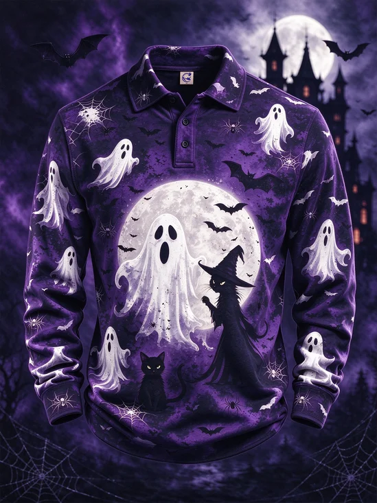 Moisture-Wicking Halloween Featuring Ghosts Spiderwebs Witches  Black Cats Long-Sleeve Hawaiian Golf Polo