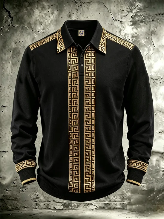Moisture-Wicking  3D Abstract Geometric Color-Block Design Long-Sleeve Hawaiian Golf Polo
