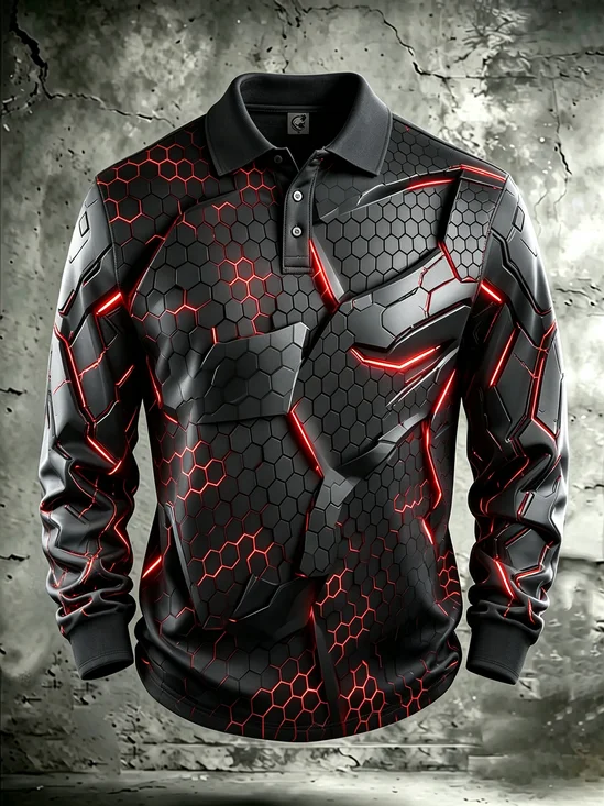 Moisture-Wicking  Gradient 3D Abstract Mechanical Geometric Color-Block Design Long-Sleeve Hawaiian Golf Polo