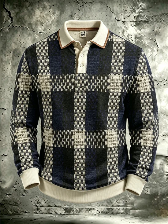 Moisture-Wicking  3D Abstract Geometric Color-Block Design Long-Sleeve Hawaiian Golf Polo