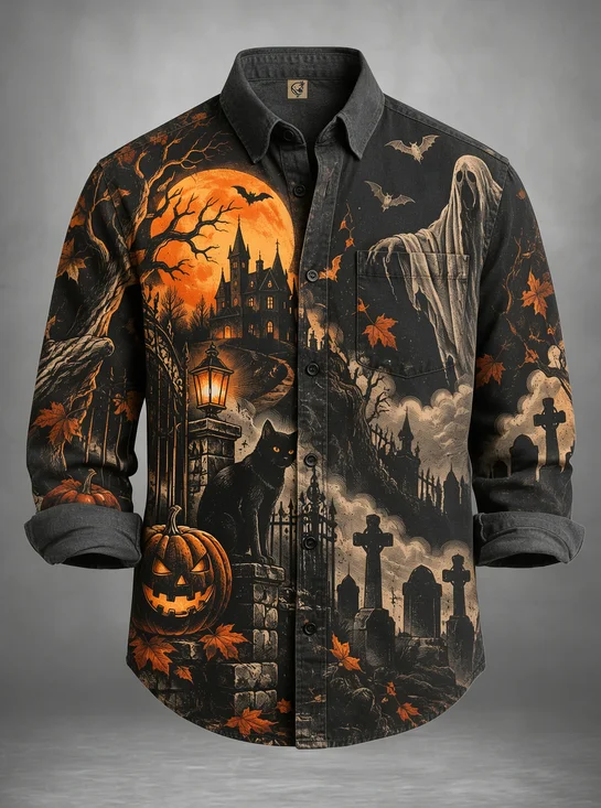 Moisture-Wicking Halloween Haunted Castle Graveyard Ghost Chest Pocket Holiday Hawaiian Long-Sleeve Shirt