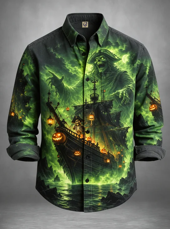 Moisture-Wicking Halloween Spooky Ghost Pirate Ship Skull Pumpkin Chest Pocket Holiday Hawaiian Long-Sleeve Shirt