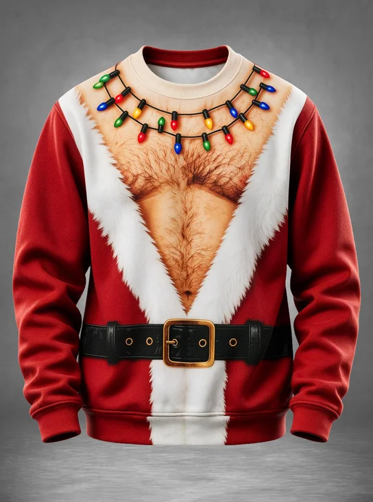 Ugly Christmas Funny Santa Claus Costume Fake Chest Hair Colorful Christmas String Lights Belt Sweatshirt