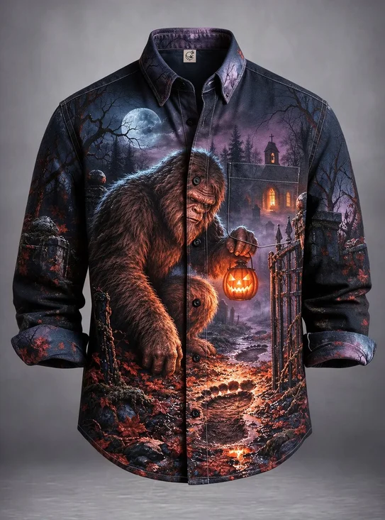 Moisture-Wicking Halloween Bigfoot Graveyard Pumpkin Lantern Chest Pocket Holiday Hawaiian Long-Sleeve Shirt