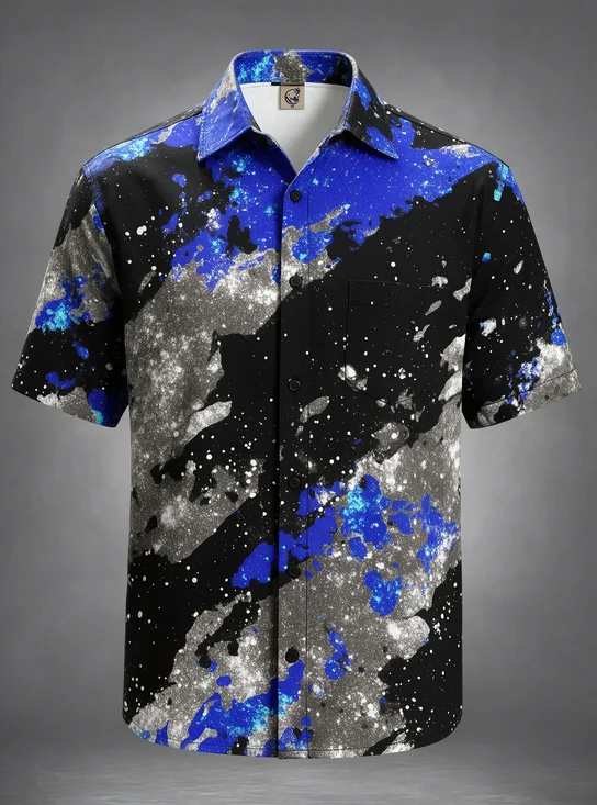 Moisture-Wicking Silver Splatter Galaxy Abstract Chest Pocket Casual Hawaiian Shirt