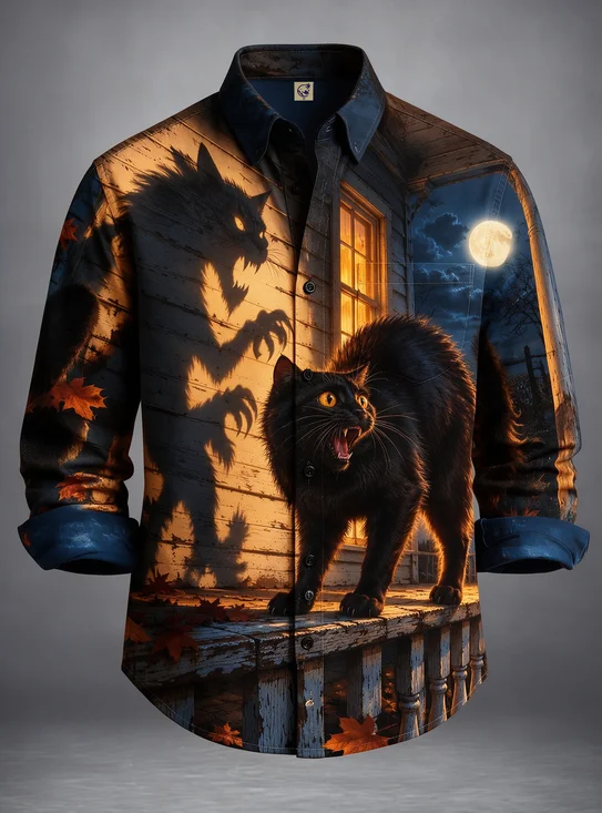 Moisture-Wicking Halloween Black Cat Werewolf Shadow Moon hest Pocket Holiday Hawaiian Long-Sleeve Shirt