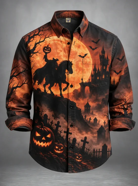 Moisture-Wicking Halloween Pumpkin Headless Horseman Castle Graveyard Chest Pocket Holiday Hawaiian Long-Sleeve Shirt