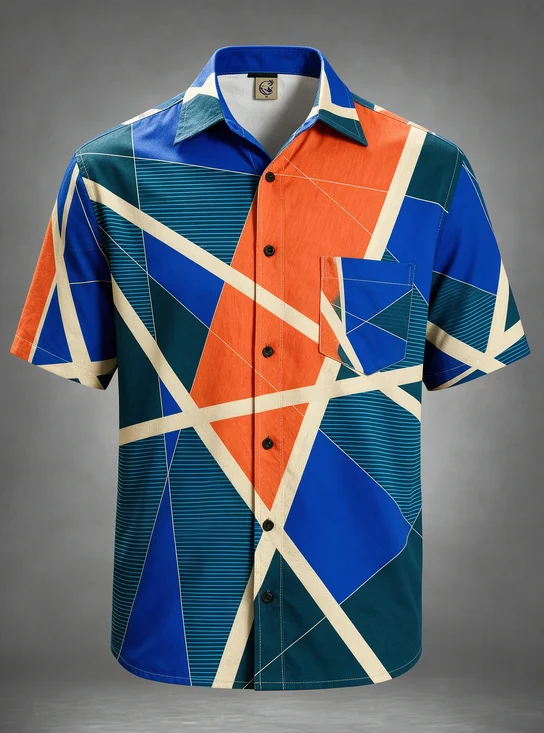 Moisture-Wicking Crisscross Striped Geometric Abstract Chest Pocket Casual Hawaiian Shirt