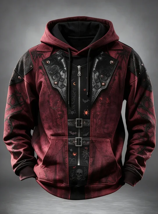 Halloween Gothic Faux Leather Harness Print Spider Bat Skull Kangaroo-Pocket Hoodie Sweatshirt