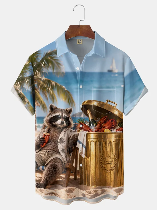Moisture-Wicking Funny Raccoon with Sunglasses Beach Vacation Golden Trash Can Lobster Champagne Palm Tree Ocean Chest Pocket Hawaiian Shirt