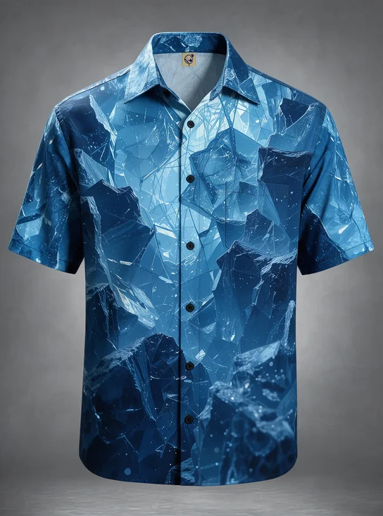 Moisture-Wicking Crystal Shattered Glass Abstract Chest Pocket Casual Hawaiian Shirt