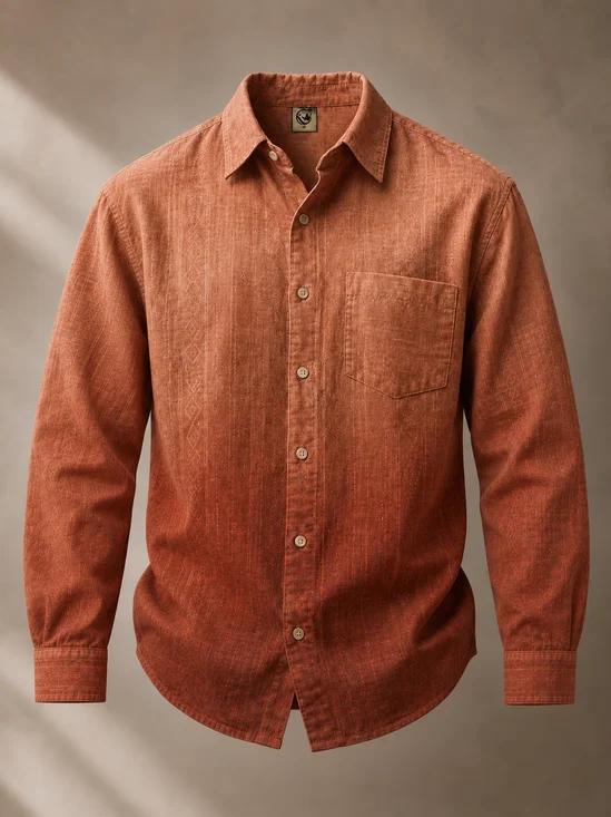 Linen-Texture Abstract Geometric Gradient Chest Pocket Long-Sleeve Casual Shirt