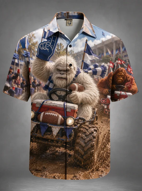 Moisture-Wicking Bigfoot Football Tailgate Offroad Truck Chest Pocket Hawaiian Shirt