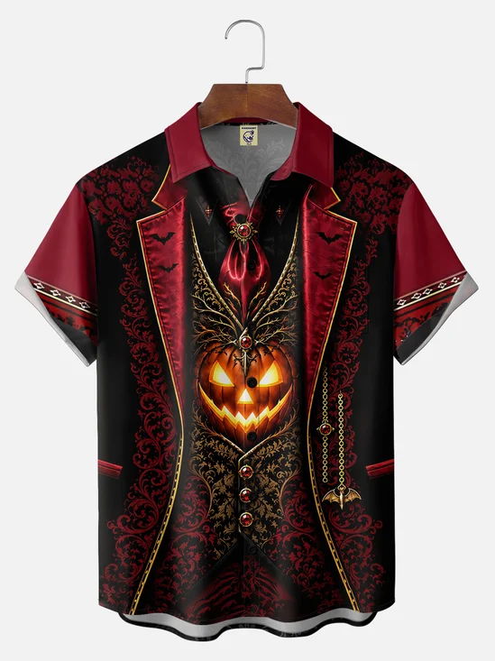 Big Size Moisture-Wicking Halloween Bat Pumpkin Head 3D Chest Pocket Hawaiian Shirt