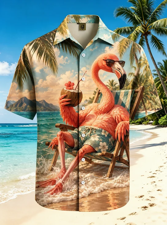 Moisture-Wicking Beach Vacation Flamingo Sunglasses Coconut Chest Pocket Hawaiian Shirt